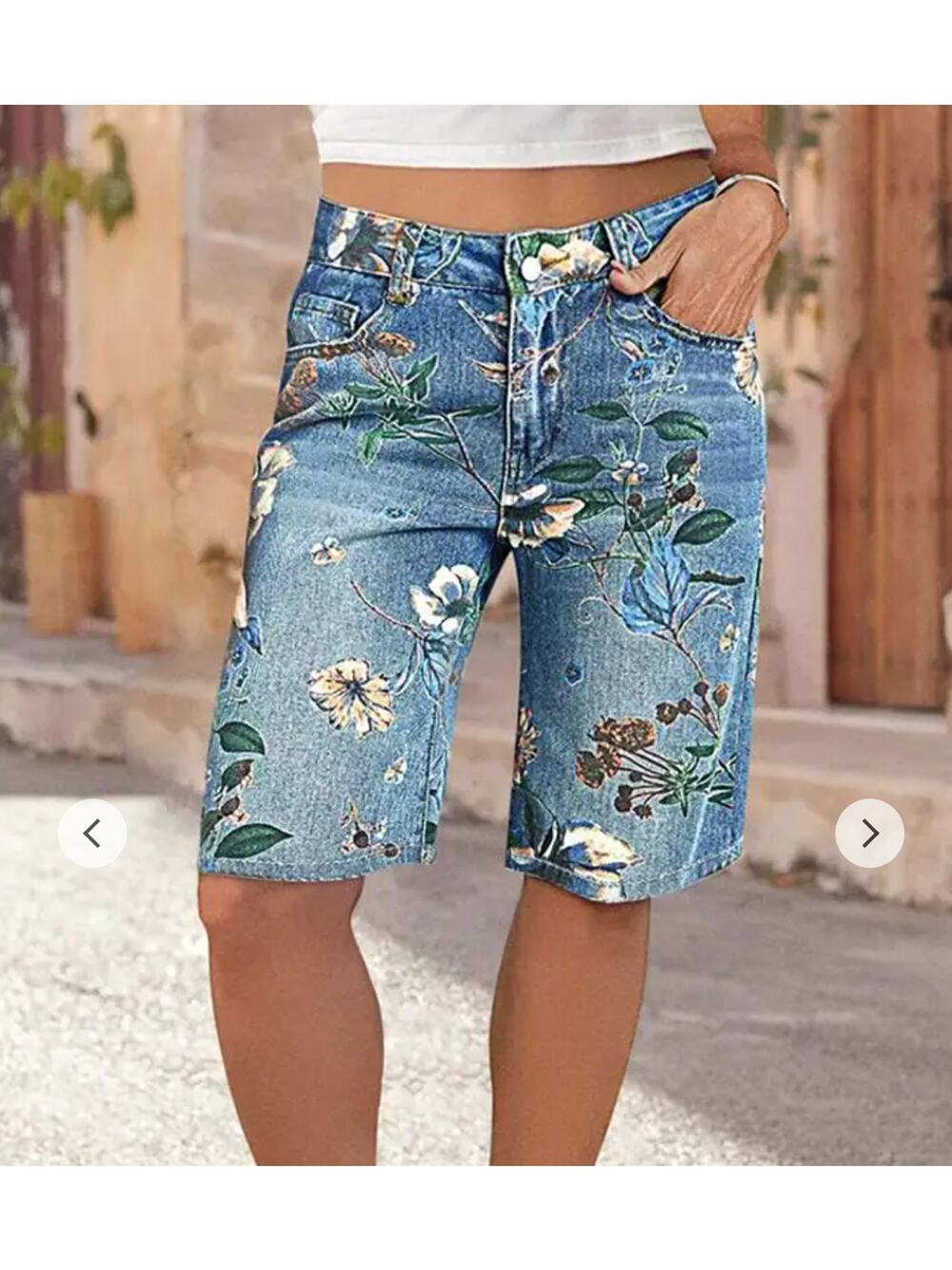 NWT Flamingals Floral Print High Rise Denim Bermuda Shorts Sz M
